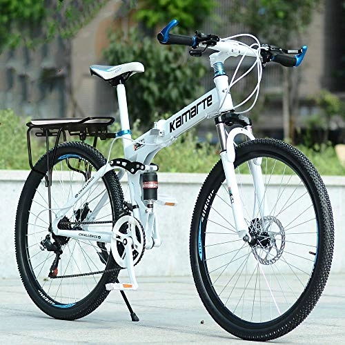 Folding Bike : PengYuCheng Foldable mountain bike, easy to carry, placed in the trunk, 21-speed, 24-inch, steel frame double disc brakes, spoke wheels, wheel set double suspension, off-road bike q4