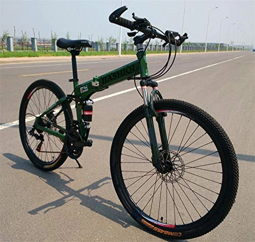 Folding Bike : PengYuCheng Foldable mountain bike, easy to carry, placed in the trunk, 21-speed, 26-inch, steel frame double disc brakes, spoke wheels, wheel set double suspension, off-road bike q4