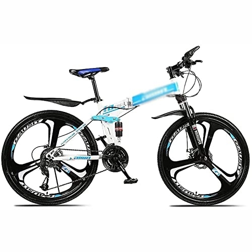 Folding Bike : PhuNkz 26 inch Folding Mountain Bike for Men Women 21 / 24 / 27 / 30 Speed Bicycle Mtb Lightweight Carbon Full Suspension Anti-Slip Steel Frame with Double Disc Brake / Blue / 21 Speed