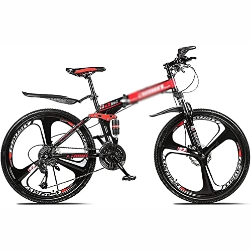 Folding Bike : PhuNkz 26 inch Folding Mountain Bike for Men Women 21 / 24 / 27 / 30 Speed Bicycle MTB Lightweight Carbon Full Suspension Anti-Slip Steel Frame with Double Disc Brake / Red / 24 Speed