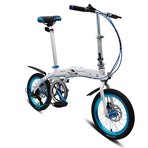 Folding Bike : PHY Folding Bike-Lightweight Aluminum Bicycle 16" with 6 Speed Double Disc Brake Foldable Cycling Bicycle Mini, Blue