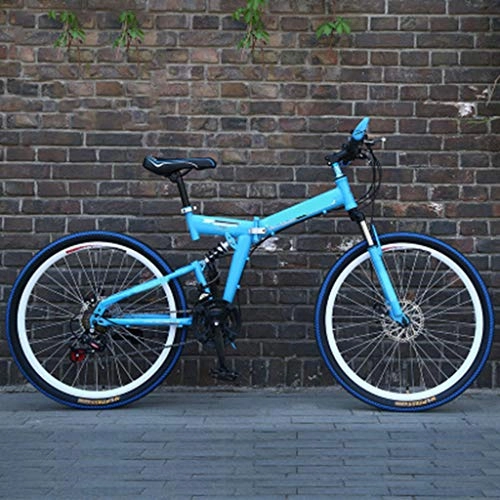 Folding Bike : PHY Mens Mountain Bike Biking 24 / 26 Inch 21 Speed Folding Blue Cycle with Disc Brakes, 24 inch