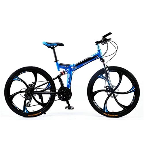 Folding Bike : PHY Mountain bike folding bicycle adult of full dual suspension, 21-speed blue of 24 minutes 26 inches wheel, 21 speed