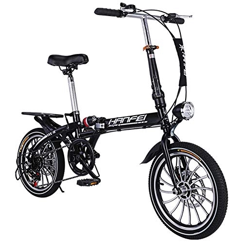 Folding Bike : PLLXY Mini Compact City Folding Bike, 7 Speed Folding Bicycle Urban Commuter With Back Rack Black 16in