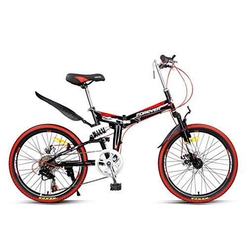 Folding Bike : Portable 22 Inch Bike 7 Speed Fold Bicycle Lightweight High Carbon Steel Frame For Adult, red