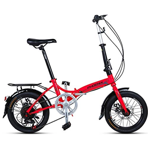 Folding Bike : Portable City Bike 16 Inch 6-Speed Commuter Bicycle Fold High Carbon Steel Frame For Unisex Adult, red
