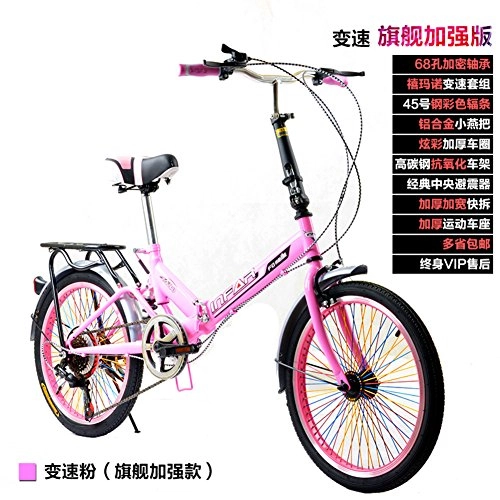 Folding Bike : Portable Folding Bike, 20 Inch Foldable Bicycle Travel 6 Speed Lightweight Folding Bicycle Bright Single-Speed Shock Absorber For Adult Men Women Student Young Car Bike-pink 111x155cm(44x61inch)