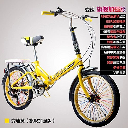 Folding Bike : Portable Folding Bike, 20 Inch Foldable Bicycle Travel 6 Speed Lightweight Folding Bicycle Bright Single-Speed Shock Absorber For Adult Men Women Student Young Car Bike-yellow 111x155cm(44x61inch)