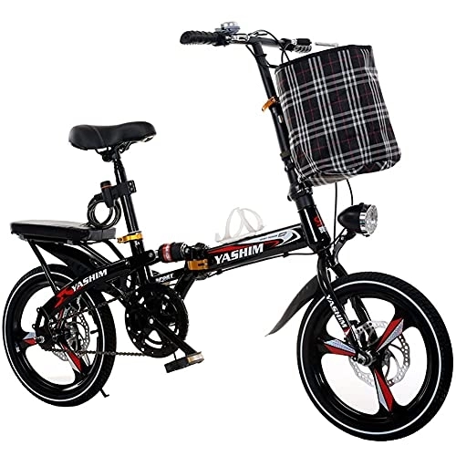 Folding Bike : Portable Folding Kids Bike Foldable Adult Soft-Tail Bicycle Road Bike 6-Speed Disc Brake with Basket and Back Seat 16 / 20inch Black White (Color : Black Size : 20inch) (Black 16inch)