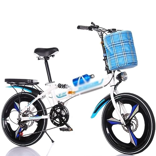 Folding Bike : POSTEGE Folding bike 20 inch adults men and women teens, Double shock absorption front and rear 6 variable speeds Double disc brake Handle adjustable seat height, with rear light and car basket A