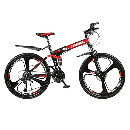 Folding Bike : PsWzyze Dual Disc brakes Bike, 26-inch 21-speed foldable MountainBike, MTB bike with 3 wheels, portable city bike for adult students-red