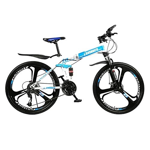 Folding Bike : PsWzyze Foldable MountainBike, 24-inch 21-speed foldable MountainBike, MTB bike with 3 wheels, portable city bike for adult students-blue