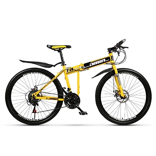 Folding Bike : PsWzyze Folding Bicycle, 24-inch foldable mountain bike, carbon steel 21-speed bicycle full suspension mountain bike-yellow