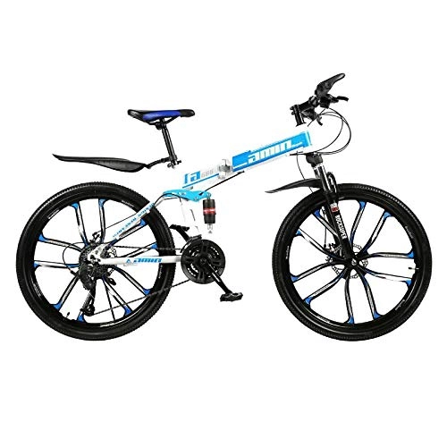 Folding Bike : PsWzyze Folding Bicycles, 24-inch 21-speed men's mountain bike, high-carbon steel soft-tail mountain bike, mountain bike with adjustable seat-blue