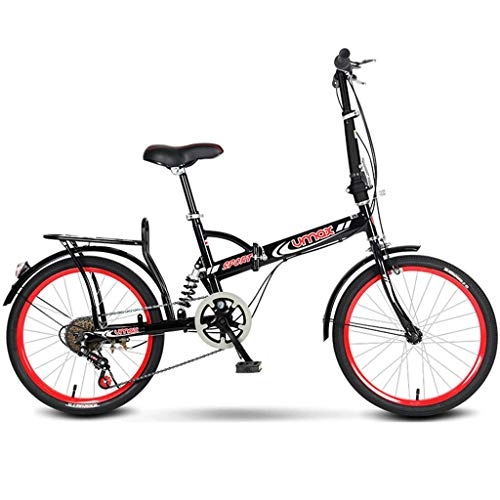 Folding Bike : PUEEPDEE foldable bicycle 20inch Portable Folding Bicycle Shock-absorbing Bicycle Women and Man City Commuter Bicycle, Red-Black (Color : 6 Speeds)