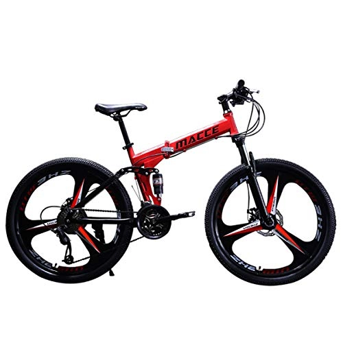 Folding Bike : PXQ Adults Folding Mountain Bike 21 / 24 / 27 Speeds Dual Disc Brakes Double Shock Absorption Off-road Bicycle 24 / 26 Inch with High Carbon Soft Tail Frame, Red, A24Inch21S