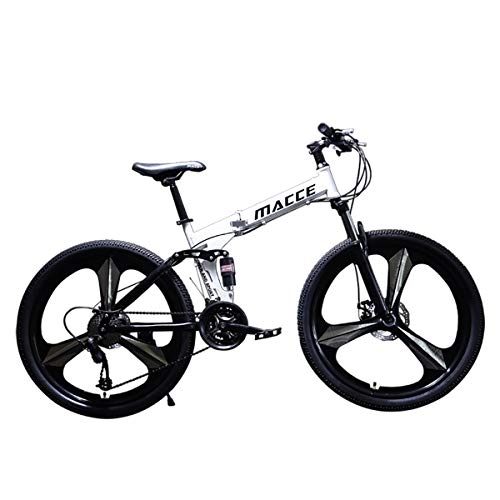Folding Bike : PXQ Adults Folding Mountain Bike 21 / 24 / 27 Speeds Dual Disc Brakes Double Shock Absorption Off-road Bicycle 24 / 26 Inch with High Carbon Soft Tail Frame, White, A24Inch24S