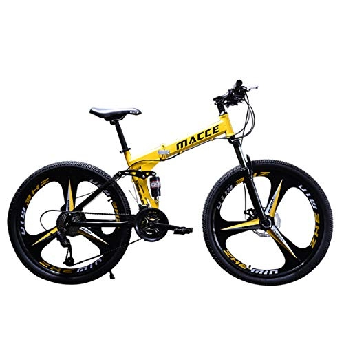 Folding Bike : PXQ Adults Folding Mountain Bike 21 / 24 / 27 Speeds Dual Disc Brakes Double Shock Absorption Off-road Bicycle 24 / 26 Inch with High Carbon Soft Tail Frame, Yellow, A24Inch21S