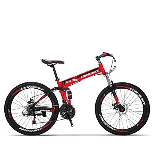 Folding Bike : PXQ Adults Folding Mountain Bike 26 Inch High Carbon Soft Tail Bicycle 21 / 27 Speeds Dual Disc Brakes Bicycle Commuter Bike, Red, 21Speed