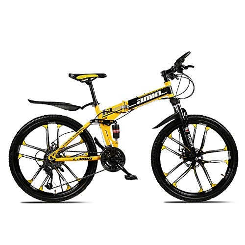 Folding Bike : PXQ Adults Mountain Bike 21 / 24 / 27 / 30 Speeds Folding Off-road Bicycle with Dual Disc Brakes and Shock Absorber, 24 / 26 Inch High Carbon Soft Tail Bike, Yellow, C24Inch30S