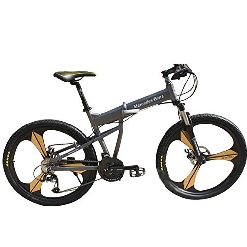 Folding Bike : PXQ Folding Mountain Bike 21 / 27 Speeds Disc Brake Off-road Bike 26 Inch Adults Aluminum Alloy Bicycles with Suspension Shock Absorber, Gray, 27S