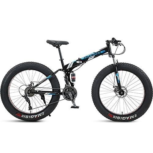 Folding Bike : PY 24 inch Folding Mountain Bike with Full Suspension High Carbon Steel Frame, Mens Fat Tire Mountain Bik with 7 / 21 / 24 / 27 / 30 Speed, Double Disc Brake and 4-Inch Wide Knobby Tires / Black Blue / 24Inch 24S