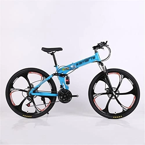 Folding Bike : QCLU 24 / 26 Inch Folding Mountain Bike, 21 Speed, Variable Speed, Off-Road, Double Damping, Double Disc, Brakes, Men' s Bicycle, Outdoor Riding, Adult (Color : Blue, Size : 24 inch)