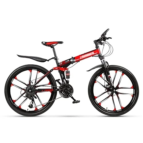 Folding Bike : QCLU 26 Inch Folding Sports / Mountain Bike 10 Cutter, Black& Red, Disc Brakes Hardtail MTB, Trekking Bike Men Bike Girls Bike (Size : 21-Speed)