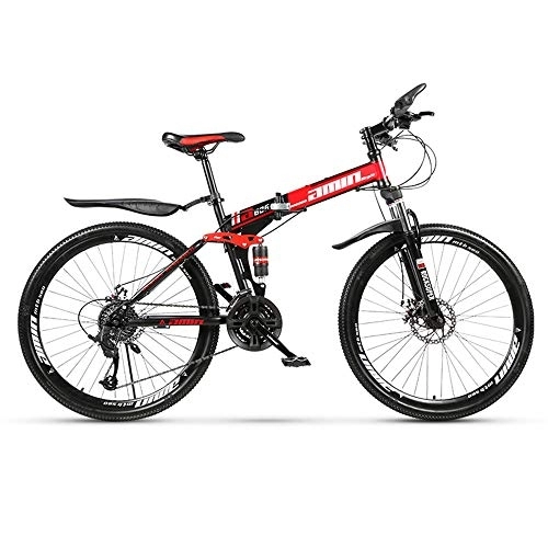 Folding Bike : QIANG Mountain Bike Foldable, MTB Bicycle, 21 Speed Fast Folding 24 / 26inch Mountain Bike With Dual Disc Brakes, Red-24inch-Spokeswheel