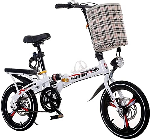 Folding Bike : Qianglin Portable Folding Kids Bike, Foldable Adult Soft-Tail Bicycle, Road Bike, 6-Speed, Disc Brake, with Basket and Back Seat, 16 / 20inch, Black, White