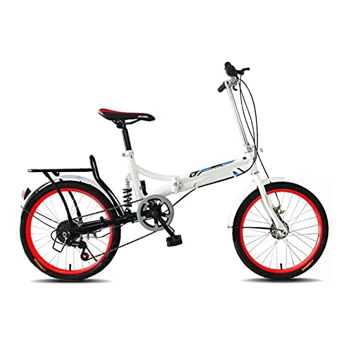 Folding Bike : QILIYING Cruiser Bike Folding Bicycle 20 Inch Speed Shock Absorption Portable Rear Drum Brake Adult Students Men and Women Small Bike (Color : White Red, Size : 20inch)