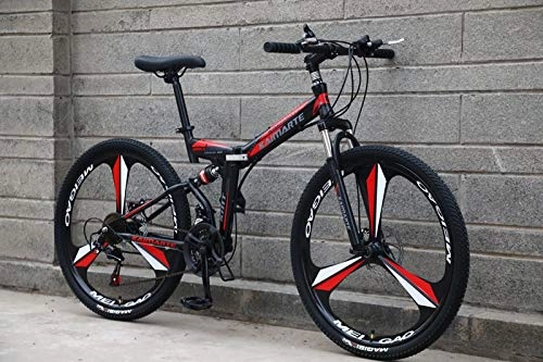Folding Bike : Qinmo 21 speed folding mountain bike 24 and 26 inch bicycle double disc brakes cycling bicycle folding mountain bike (Color : Black red S, Size : 24inch)