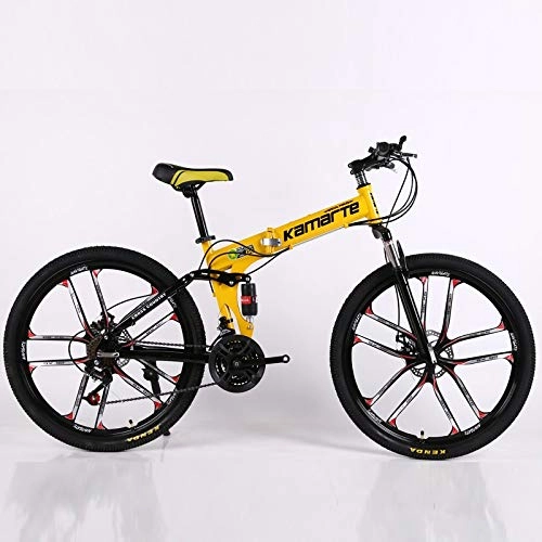 Folding Bike : Qinmo 24 and 26inch folding mountain bike 10 knife wheel folding mountain bicycle 21 speed Two-disc brake bicycle (Color : 24 speed yellow, Size : 26inch)