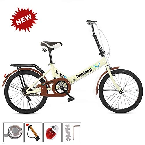 Folding Bike : QINYUP 20-Inch Folding Single-Speed Leisure Bicycle Can Be Used for Students To Go To School, Work Quickly, Go Out To Play, Beige
