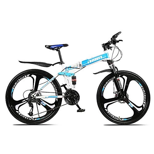 Folding Bike : Qj Dual Suspension Mens Bike 26inch 3-Spoke Wheels High-carbon Steel Frame Bicycle with Disc Brakes, Blue, 24Speed