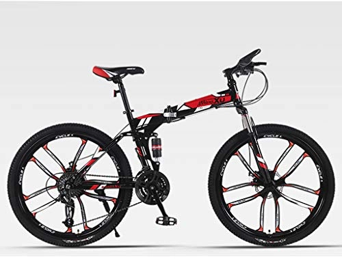 Folding Bike : Qj Mountain Bike 27 Speed Steel Frame 26 Inches Dual Suspension Folding Bike, Black red