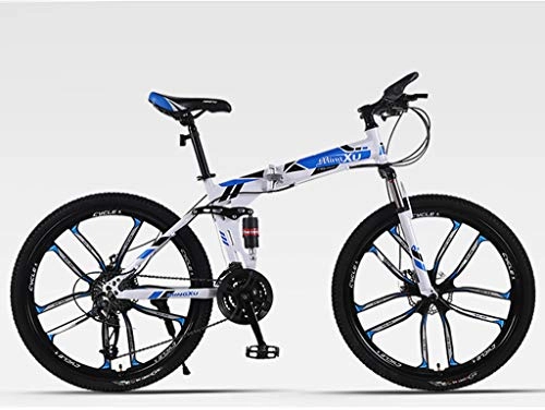 Folding Bike : Qj Mountain Bike 27 Speed Steel Frame 26 Inches Dual Suspension Folding Bike, White Blue