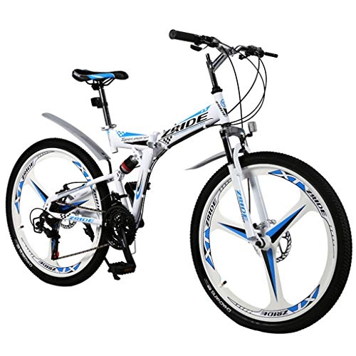 Folding Bike : Qj Mountain Bike 30 Speed Mountain Bike 24In ~26 Inch Dual Suspension Folding Bike, White Blue, 26in