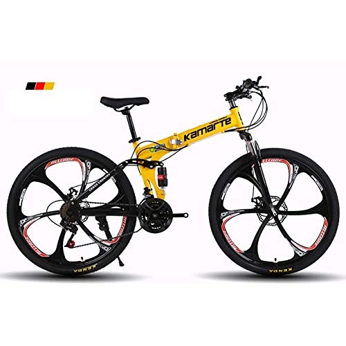 Folding Bike : Qj Mountain Bike Folding Frame, 26inch 6-Spoke Wheels MTB Bike, Dual Suspension Mens Bike with Disc Brakes, Yellow, 27Speed
