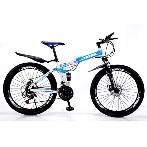 Folding Bike : Qj Mountain Bike High-carbon Steel Frame 26 Inches Folding Bike with Double Disc Brake, Blue, 24Speed