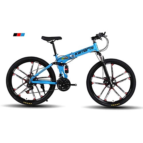 Folding Bike : Qj Mountain Bike Speed High-carbon Steel Frame 26 Inches 10-Spoke Wheels Dual Suspension Folding Bike with Disc Brakes, Blue, 27Speed