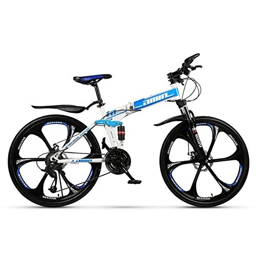 Folding Bike : Qj Mountain Folding Bike, 26 Inches, Mountain Bike, 27 Speed Gears, Dual Suspension High-Carbon Steel Frame, Blue
