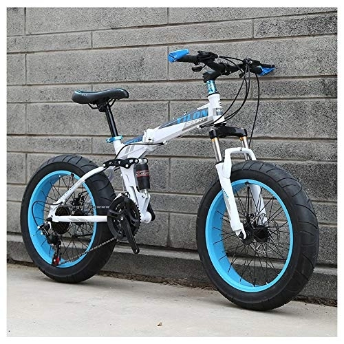 Folding Bike : QMMD 20-Inch Mountain Bikes, Kids Folding Bicycle, Fat Tire Anti-Slip Bikes, 21-24-27-Speed Drivetrain Dual-Suspension Mountain Bike, Dual Disc Brake Bike, B Spokes, 21 speed