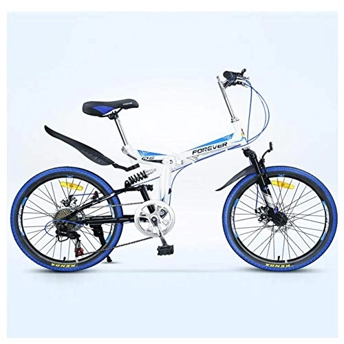Folding Bike : QMMD 22-Inch Folding Mountain Bikes, Adult 7-Speed Hardtail Mountain Bike, High-carbon Steel, Front Suspension Bicycle, with Dual Disc Brake Anti-Slip Bikes, blue Spokes, 7 speed