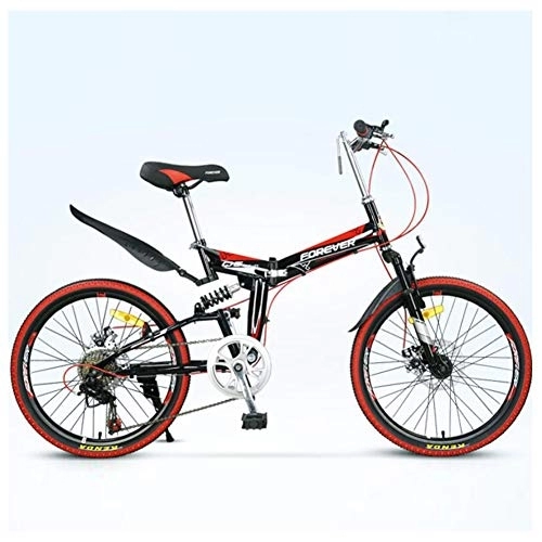 Folding Bike : QMMD 22-Inch Folding Mountain Bikes, Adult 7-Speed Hardtail Mountain Bike, High-carbon Steel, Front Suspension Bicycle, with Dual Disc Brake Anti-Slip Bikes, Red Spokes, 7 speed