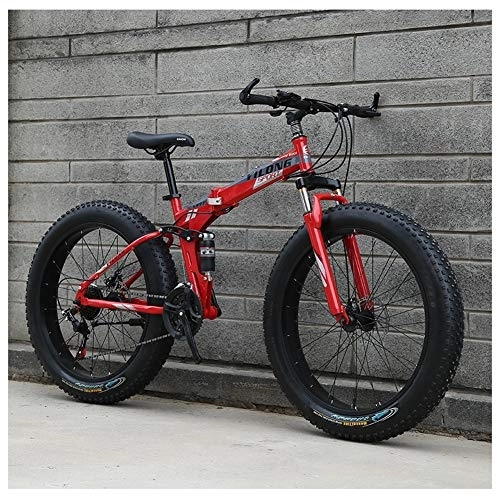 Folding Bike : QMMD 24-Inch Mountain Bikes, Adult Foldable Frame Bicycle, Dual Disc Brake Fat Tire Mountain Trail Bike, 21-24-27-Speed Dual Suspension All Terrain Mountain Bike, A Spokes, 21 speed