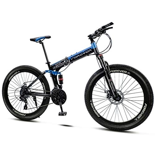 Folding Bike : QMMD 24-Inch Mountain Bikes, Adult Folding Dual-Suspension Mountain Bike, Mens 21-24-27-30-Speed Mountain Trail Bike, Womens Road Anti-Slip Bikes, Bicycle, blue Spokes, 21 speed