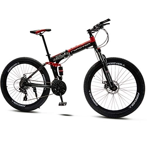 Folding Bike : QMMD 24-Inch Mountain Bikes, Adult Folding Dual-Suspension Mountain Bike, Mens 21-24-27-30-Speed Mountain Trail Bike, Womens Road Anti-Slip Bikes, Bicycle, Red Spokes, 30 speed