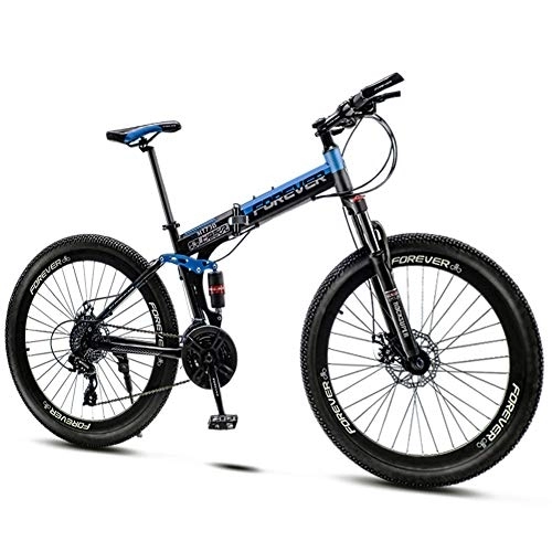 Folding Bike : QMMD 26-Inch Mountain Bikes, Foldable Frame Dual Suspension Bicycle, Mens 21-24-27-30-Speed Anti-Slip Bikes, Adult Mountain Trail Bike with Dual Disc Brake, blue Spokes, 27 speed