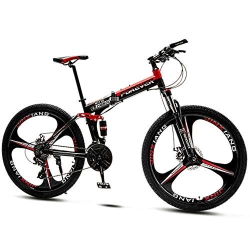 Folding Bike : QMMD 26-Inch Mountain Bikes, Foldable Frame Dual Suspension Bicycle, Mens 21-24-27-30-Speed Anti-Slip Bikes, Adult Mountain Trail Bike with Dual Disc Brake, Red 3 Spoke, 30 speed